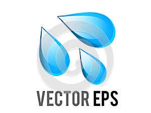 Vector three light blue droplets icon, as sweat beads, splashing down to right