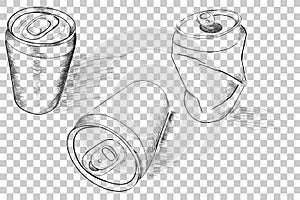 Three Perspective of Doodle of Soft Drink Can, with streak shadow, at Transparent Effect Background