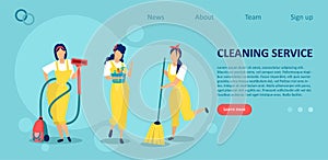 Vector of three women a housework staff team with equipment