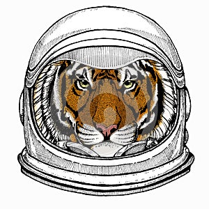 Vector tiger portrait. Animal head. Astronaut animal. Vector portrait. Cosmos and Spaceman. Space illustration about