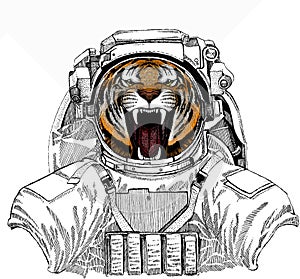 Vector tiger portrait. Animal head. Wild astronaut animal in spacesuit. Deep space. Galaxy.