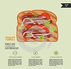 Vector toast bread . Sandwich with bacon and herbs. Quick breakfast icon. Print of food product infographic