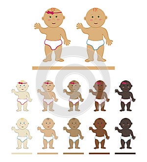 Vector toddler boy and girl standing waving with one hand. Set cliparts of multicolored babies in white diapers and with a pink