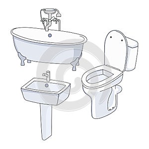 Vector toilet, bath and sink.