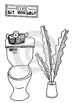 Vector toilet bowl with plant and poster