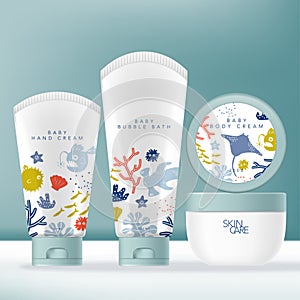 Vector Toiletries, Beauty or Skincare Product Packaging with Tube & Jar. Kids or Children Underwater World Theme