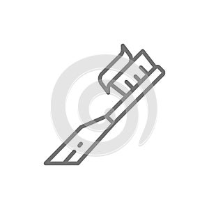 Vector toothbrush with paste, toothpaste line icon.