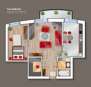 Vector top view floor plan of the house room. Modern dining room, bedroom and bathroom interior with furniture