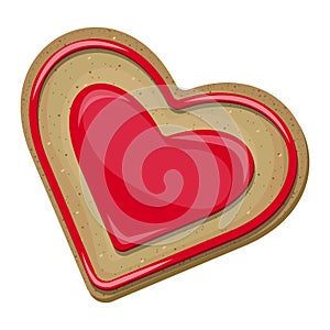 Vector top view of heart shaped cookie covered with red icing isolated on white background