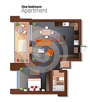 Vector top view illustration of modern one bedroom apartment. Detailed architectural plan of dining room combined with