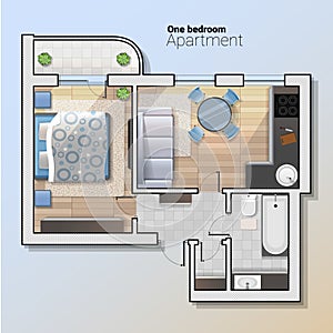 Vector top view illustration of modern one bedroom apartment. Detailed architectural plan of dining room combined with