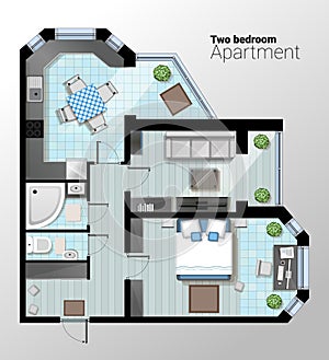 Vector top view illustration of modern two bedroom apartment. Detailed architectural plan of dining room combined with