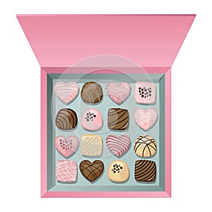 Vector top view of pink blue gift open box with multicolored chocolate candies isolated