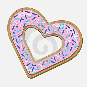 Vector top view pink heart shaped cookie with confectionery topping