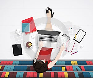 Vector top view of young woman sitting on floor with elements worlplace. Library office