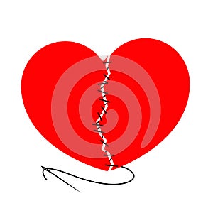 Vector torn heart and stitched with black thread needle. The design element is isolated on a light background.