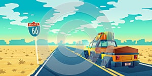 Vector tourist concept - desert with jeep, trailer