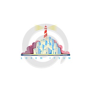 Vector touristic emblem with lighthouse on the island