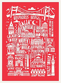 Vector touristic hand drawn istanbul city poster