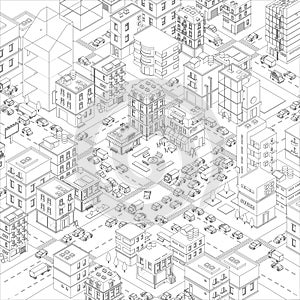 Vector town city streets Intersection outline. Cartoon buildings and road top view. Gray lines outline contour style