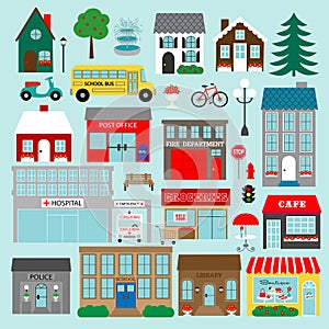 Vector town and neighborhood buildings illustrations