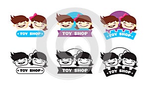 Vector toy store logo. Cute kids shop symbol with boy and girl heads