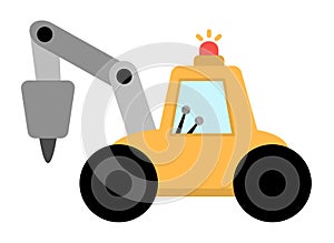 Vector tractor with hydro hummer. Construction site and road work flat icon. Building transportation clipart. Cute special