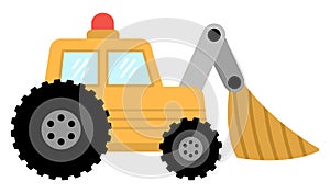 Vector tractor with shovel. Construction site and road work flat icon. Building transportation clipart. Cute special transport or