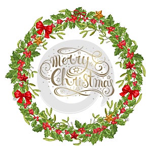 Vector Traditional Christmas wreath holly plant with red berry and green leaves and Mistletoe isolated. Decorating for