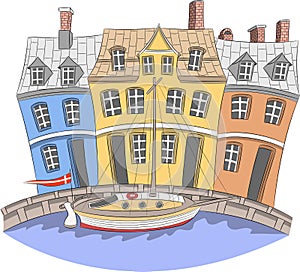 Vector. Traditional medieval houses in the historical part of Copenhagen.