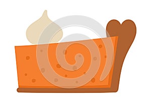 Vector traditional Thanksgiving pumpkin pie piece side view. Autumn dessert isolated on white background. Cute funny illustration