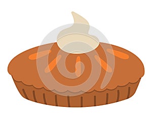 Vector traditional Thanksgiving pumpkin pie upper view. Autumn dessert isolated on white background. Cute funny illustration of