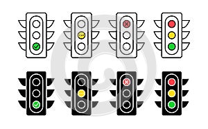 Vector traffic light icons. Editable stroke. Set line and silhouette red yellow green sign. Permissive deny waiting signal.