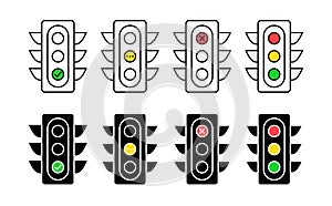 Vector traffic light icons. Editable stroke. Set line and silhouette red yellow green sign. Permissive deny waiting signal. photo