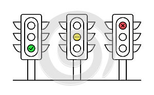 Vector traffic light icons. Set line icon. Editable stroke. Red yellow green sign. Permissive deny waiting signal. Simple traffic photo