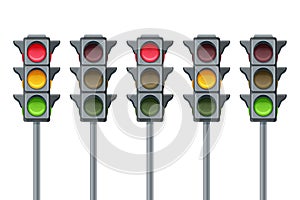 Vector traffic lights isolated on white background. Go, wait and stop symbols. Red, yellow and green lights, icons set.