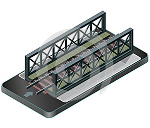 Vector train bridge, isometric perspective in mobile phone.