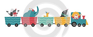 Vector train with circus animals and clown. Amusement holiday icon. Cute funny festival locomotive with characters. Street show