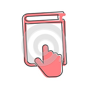 Vector training symbol icon. Distance learning. Online learning. The hand opens the book cartoon style on white isolated