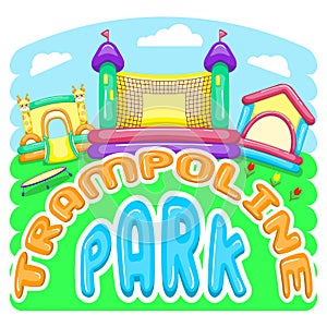 Vector trampoline park card with inflatable trampolines