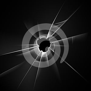 Vector Transparent Broken Glass Window with Bullet Hole on Dark Black Background