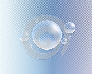 Vector transparent colorful soap bubble.  3d realistic bubbles on blue transparent background. Big and small.