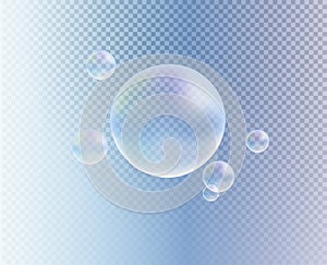 Vector transparent colorful soap bubble.  3d realistic bubbles on blue transparent background. Big and small. Soap water bubbles