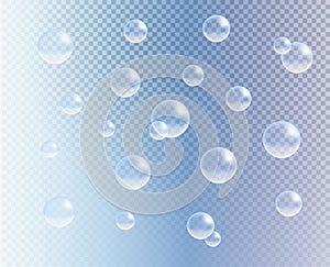 Vector transparent colorful soap bubbles. 3d realistic bubbles on blue transparent background. Soap water bubbles, shampoo, water