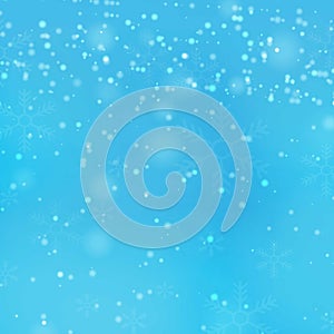 Vector transparent falling snowflakes isolated on blue background. Christmas background with snowfl