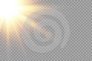 Vector transparent golden sunlight special lens flare light effect. sun glare on the front lens. Vector blur in bright