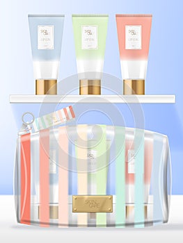 Vector Transparent PVC Cosmetics, Beauty or Wash Bag Set with Hand cream Tube Packaging. Summer Rainbow Stripes