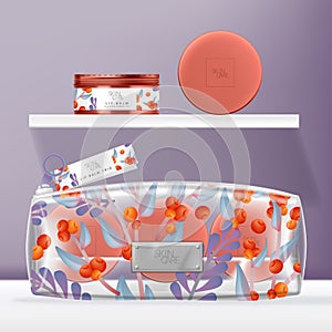 Vector Transparent PVC Cosmetics, Beauty or Wash Bag Set with Tinted Screw Cap Tin Jar Packaging.