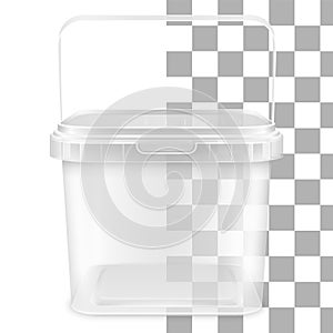 Vector transparent square empty plastic pail with handle. Front view