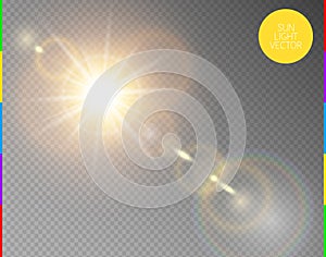 Vector transparent sunlight special lens flare light effect. Isolated sun flash rays and spotlight. Golden front translucent